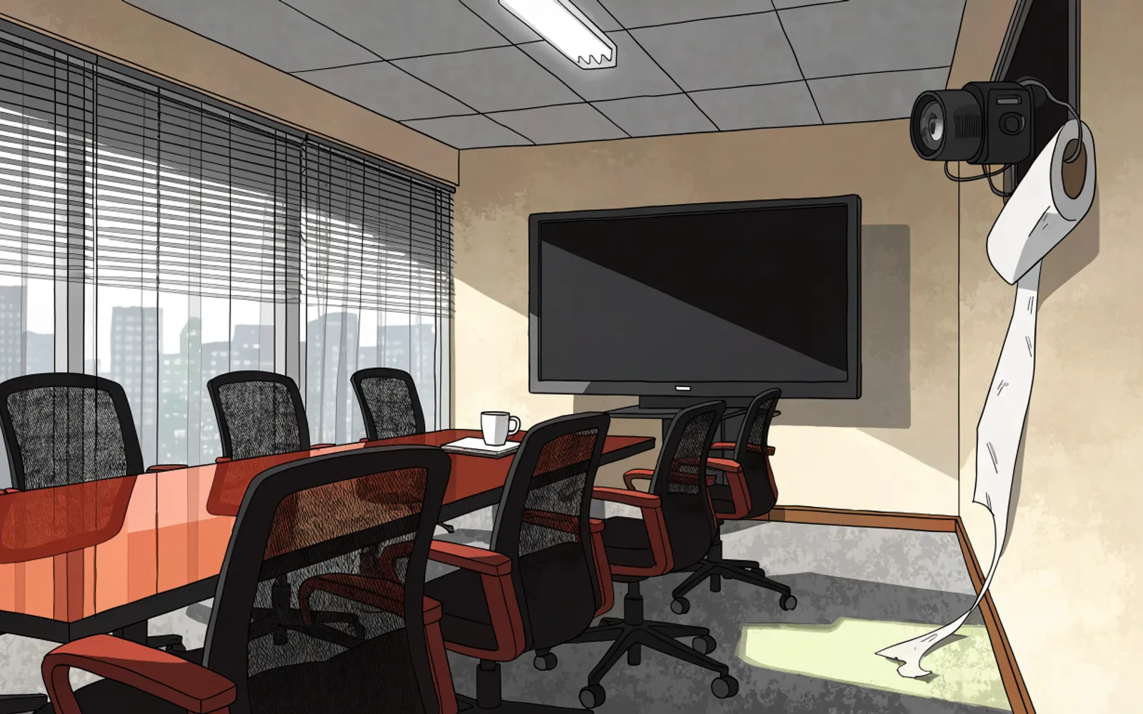 An illustration of a small recording device wrapped in toilet paper behind a television in an empty conference room, reflecting the device employees reportedly found.